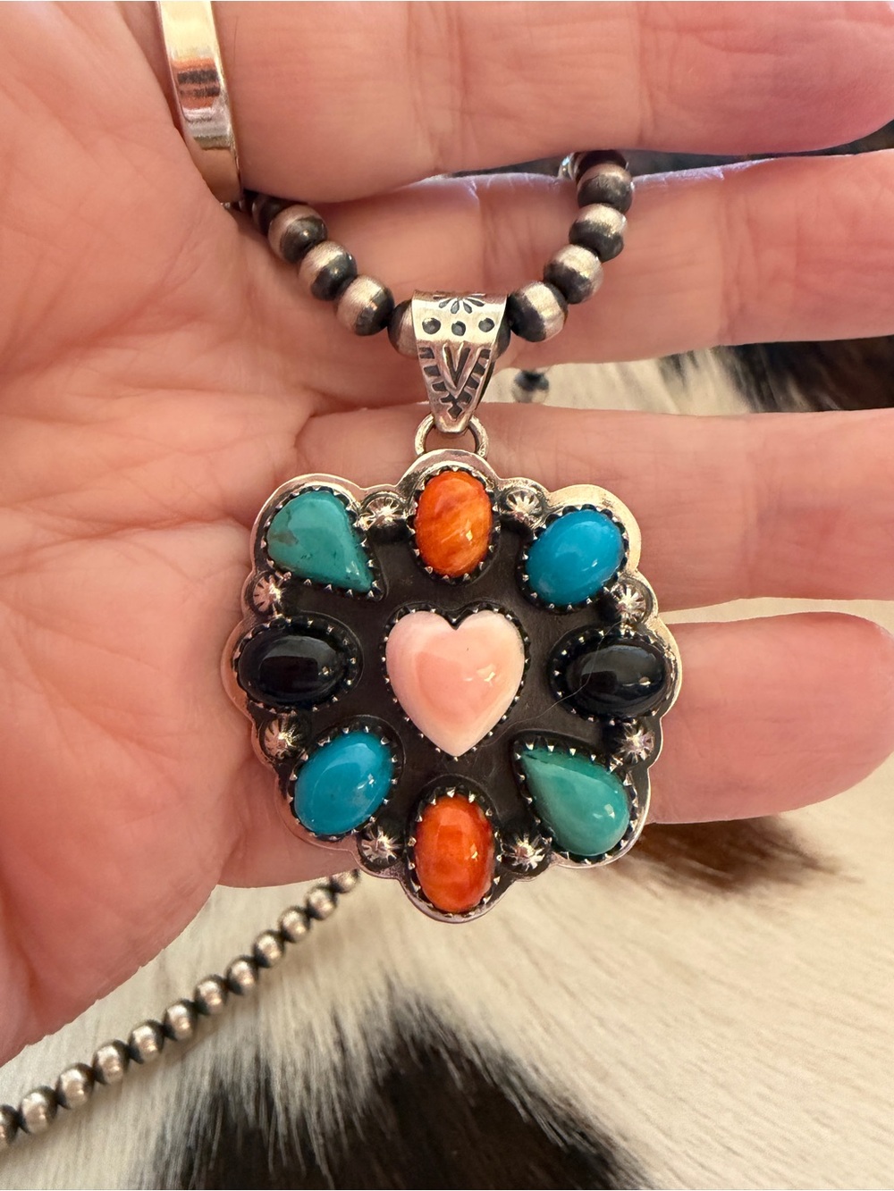 ❤️ MultiStone Turquoise Spiny Oyster Pink Conch Onyx Statement Pendant 12.3 Gms